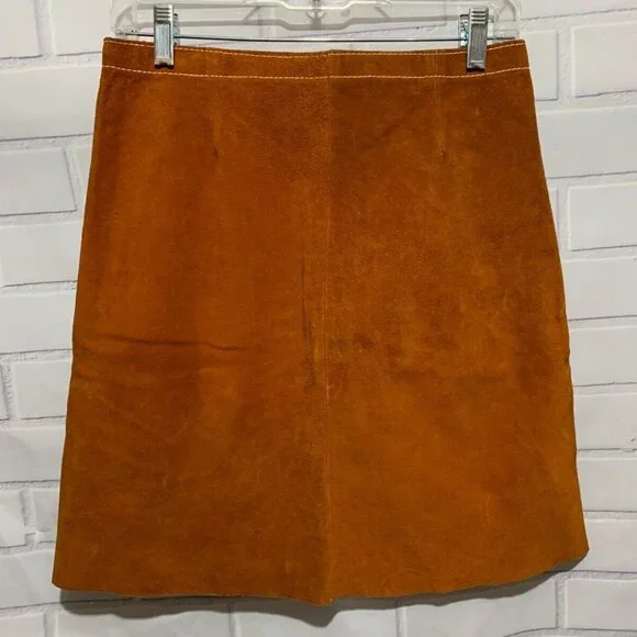 Vintage 60's-70's Sz 11 Brown A-line Suede Leather Skirt W/Pockets Hippie Boho - Picture 8 of 13